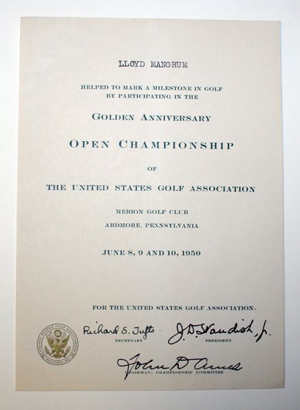 Lloyd Mangrum's Participants Certificate Golden Anniversary US Open at Merion Golf Club