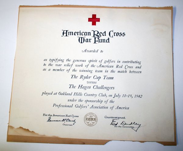 Lloyd Mangrum's Red Cross Award for 1942 Ryder Cup