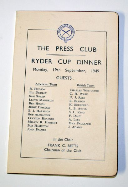 1949 Ryder Cup Press Dinner Menu from Lloyd Mangrum