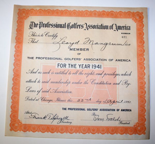 Lloyd Mangrum PGA Membership Certificate for 1941 JSA COA