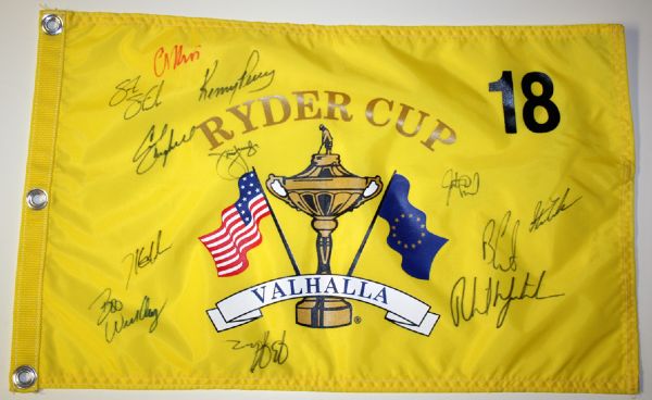 Ryder Cup Team Signed Flag. COA from JSA. (James Spence Authentication).