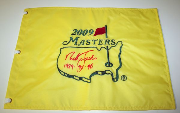 Nick Faldo signed 2009 Masters Flag. COA from JSA. (James Spence Authentication).