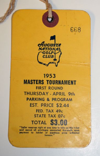 1953 Masters Paper Ticket  Hogan Wins Again In His Greatest Season