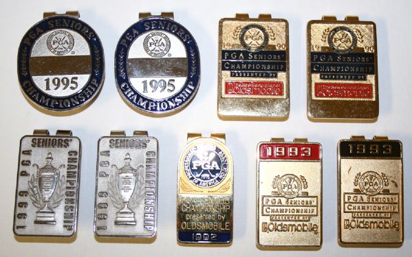 Lot of 9 PGA Seniors Championship Money Clips from 1990, 1992, 1993, 1995, 1999