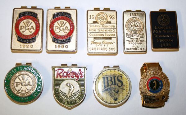 Lot of 9 Money Clips 1990 PGA x2, 1992 PGA, 1993 PGA, 1994 PGA, 1995 PGA, Raley's Senior Gold Rush, IBIS, The Vintage at The Dominion