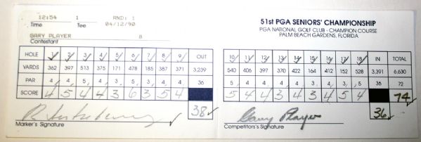 1990 PGA Seniors Championship Official Score Card from Winner Gary Player Thurs. COA from JSA. (James Spence Authentication).