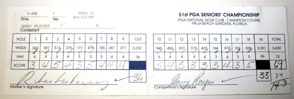1990 PGA Seniors Championship Official Score Card from Winner Gary Player Fri. COA from JSA. (James Spence Authentication).