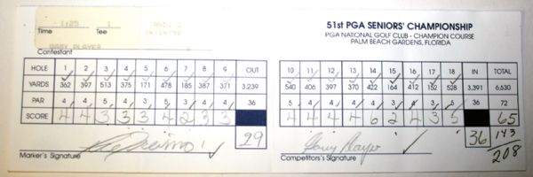 1990 PGA Seniors Championship Official Score Card from Winner Gary Player Sat. COA from JSA. (James Spence Authentication).