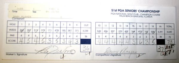 1990 PGA Seniors Championship Official Score Card from Winner Gary Player Sun. COA from JSA. (James Spence Authentication).
