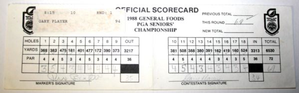1988 PGA Seniors Championship Official Score Card from Winner Gary Player Thurs. COA from JSA. (James Spence Authentication).