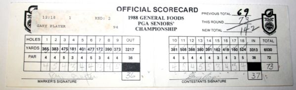 1988 PGA Seniors Championship Official Score Card from Winner Gary Player Fri. COA from JSA. (James Spence Authentication).