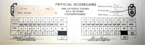1988 PGA Seniors Championship Official Score Card from Winner Gary Player with Arnold Palmer Sat. COA from JSA. (James Spence Authentication).