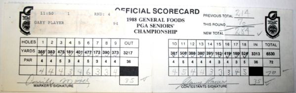 1988 PGA Seniors Championship Official Score Card from Winner Gary Player Sun. COA from JSA. (James Spence Authentication).