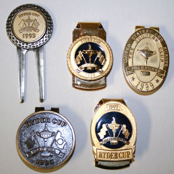 1993 Ryder Cup Diviot Tool / Ryder Cup 1995 Oak Hill Money Clip x2 / 1997 Ryder Cup Valderrama Money Clip / 1999 US vs Europe The Country Club 33rd Matches Money Clip