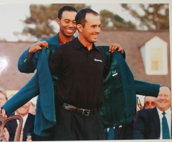 Mike Weir signed Masters Jacket photo with Tiger JSA COA