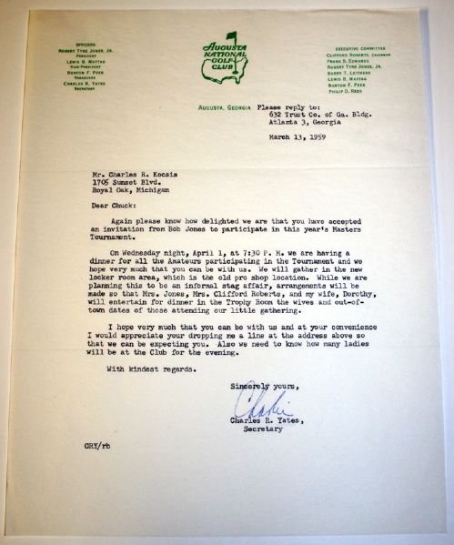 1959 Masters Players Confirmation Letter and Invitation to Amateurs Dinner