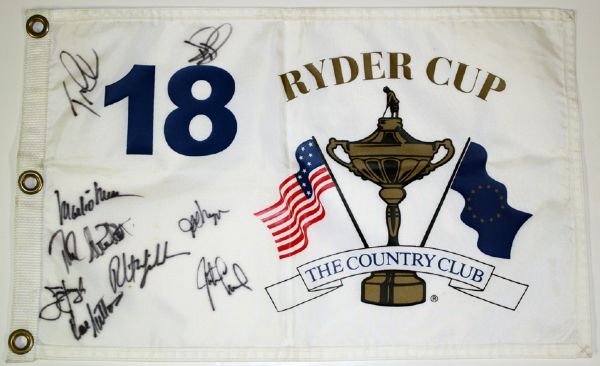 Ryder Cup Pin Flag from The Country Club at Brookline Signed by Lehman, Duval, O'Meara, and More. COA from JSA (James Spence Authentication).