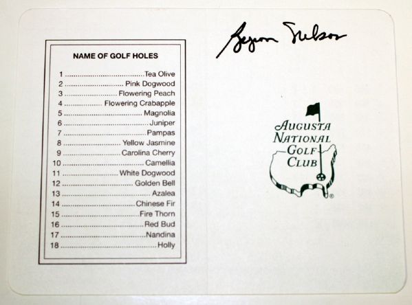 Byron Nelson Signed Masters Score Card. COA from JSA (James Spence Authentication).
