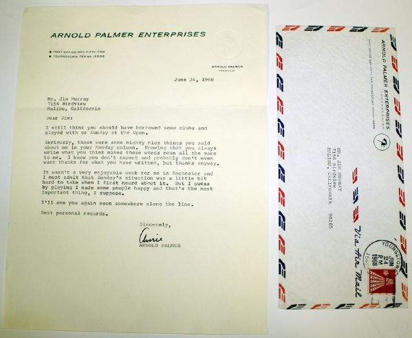 Arnold Palmer Letter to Hall of Fame Sportswriter Jim Murray about 1968 US Open.