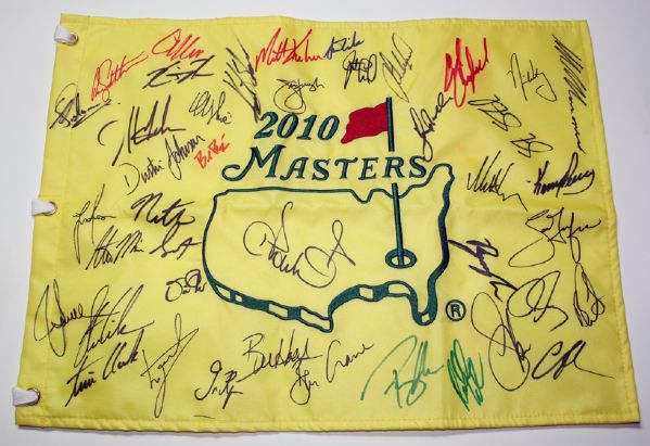 2010 Masters Pin Flag signed by 41 Including many contenders and stars. JSA CoA