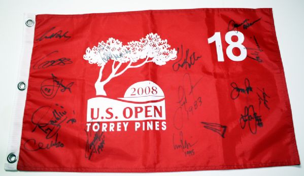 16 US Open Champions signed on 2008 US Open Pin Flag JSA CoA