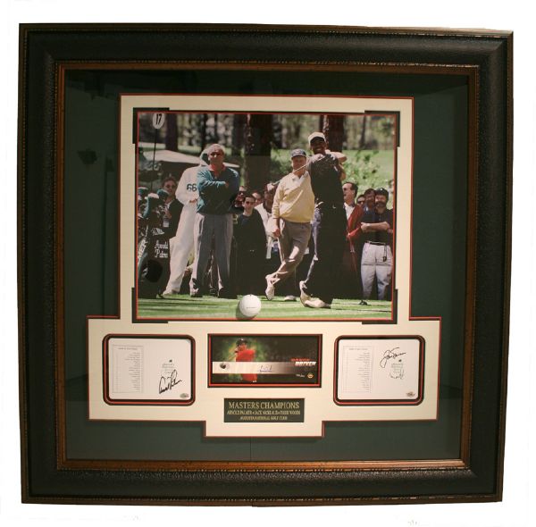 Palmer, Nicklaus, & Woods Framed Shadowboxed Photo w/Autographed Masters Scorecards and Tiger Nike Range Ball