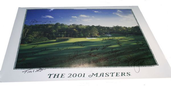 2001 Masters Poster with 27 Champions autographs including Nelson, Watson,Palmer, Nicklaus  JSA COA