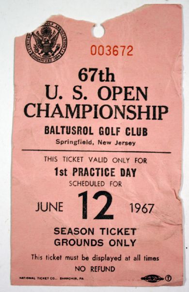 1967 US Open Ticket - Jack Nicklaus defeats Palmer by 4