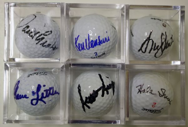 Lot of 6 US Open Champs signed golf balls - David Graham, Ken Venturi, Andy North, Gene Littler, Scott Simpson, Hale Irwin