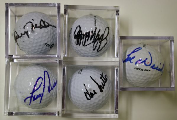 Lot of 5 signed PGA Champs golf balls - Johnny Miller, John Mahaffey, Larry Nelson, Hal Sutton, Tom Weiskoff