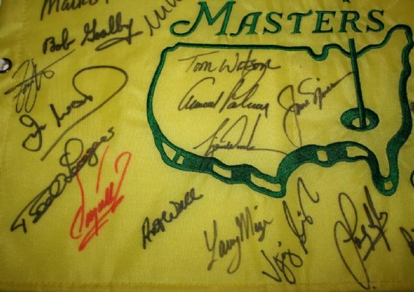 The Finest Masters Champs flag Ever Offered Tiger, Jack , Arnie and WATSON IN middle of flag