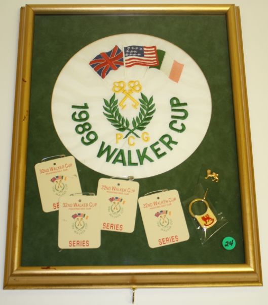 1989 Walker Cup Framed Flag with 4 Series Badges and British Team Keychain and Pin