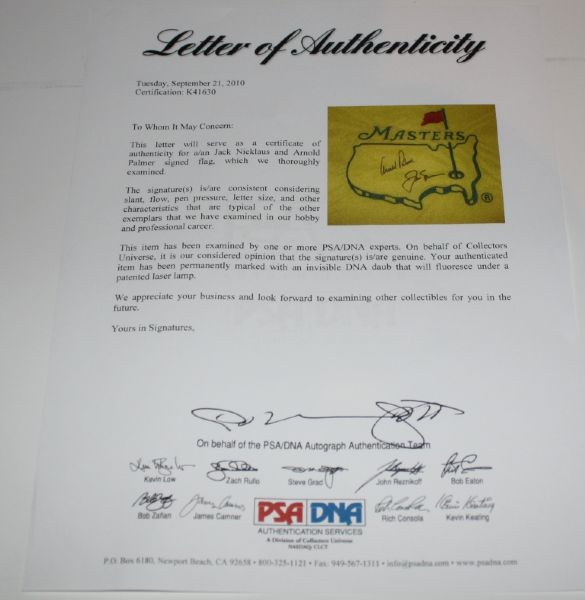 Jack Nicklaus and Arnold  Palmer Masters Flag With PSA Full Letter of Authenticity