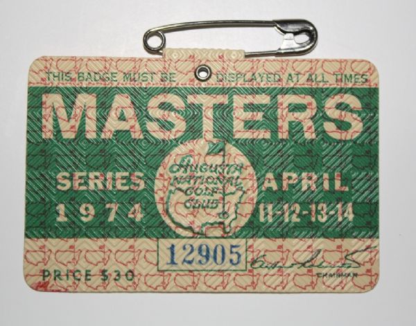 1974 Masters Tournament Badge Gary Players 2nd of Three masters Wins