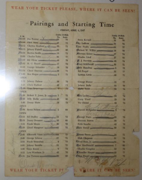 47 Masters Pairings sheet signed By 24 Including CLAUDE HARMON, Demaret. Middlecoff, Hogan, Picard JSA COA