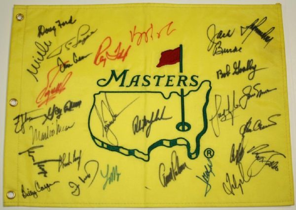 Undated Masters flag autographed by 28 Champions TIGER, ARNIE, JACK, PHIL +24 More JSA COA