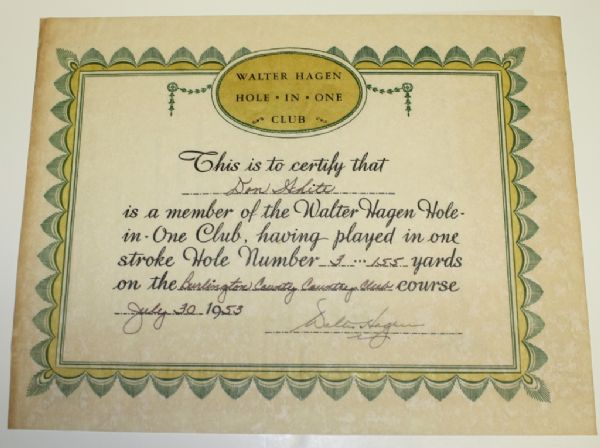 Walter Hagen Signed Hole In One Club Certificate.