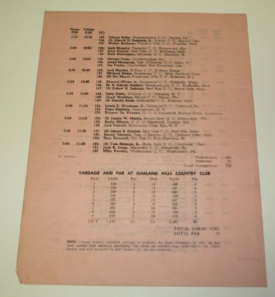1951 US Open Pairing Sheet(Thursday/Friday) - Hogan Wins