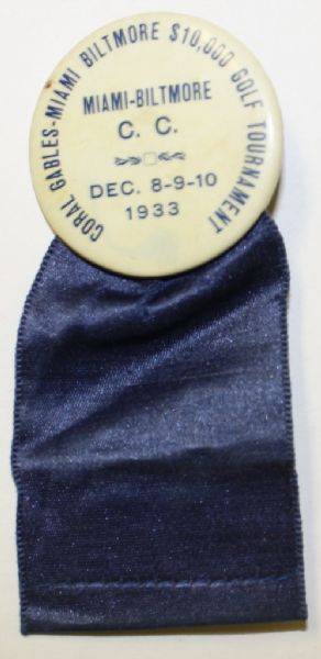 1933 Coral Gables Miami-Biltmore Country Club $10k Open Tournament Badge & Ribbon