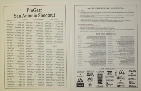 1992 AJGA Pro Gear San Antonio Shootout Junior Golf Tournament Program Featuring The 16 Year Old Champion, Tiger Woods, And Other Future Stars