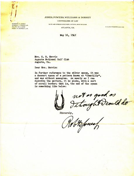 Letter with full Robert T. Jones signature &  Unigue Jones Spoon Doodle - May 1942 