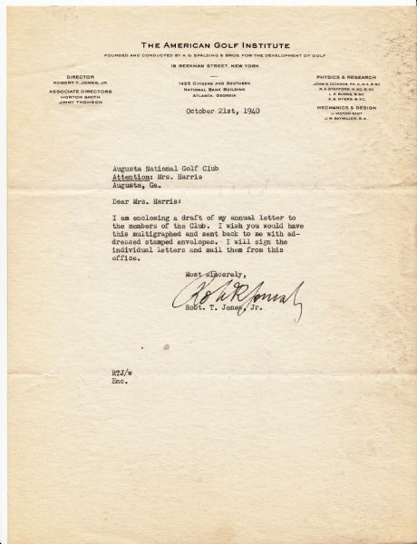 Robert T. Jones Typed Letter Signed - Augusta  National Annual Letter Content 10/21/40