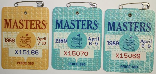 Lot of 9 Masters Badges: '70, '74, '76, '77, '78, '79, '88, and '89(2)