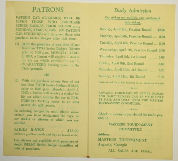 1965 Masters Tournament Ticket Brochure - Nicklaus' 2nd Masters Win