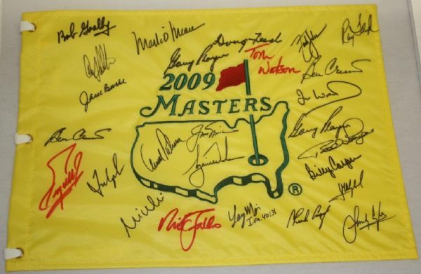 Fuzzy Zoeller's Masters Flag Center Signed By Nicklaus, Palmer, Woods W/Watson and Mize (24 Champs) JSA COA