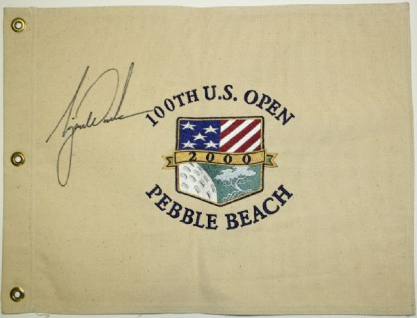 Tiger Woods Signed 2000 US Open Pebble Beach Embroidered Canvas Flag - 18 3/4 x 14