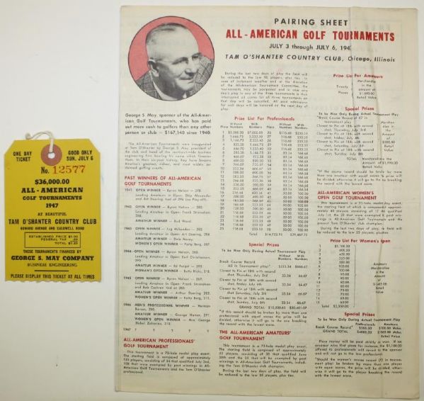 Pairing Sheet and Ticket to 1947 All-American Golf Tournaments-Chicago, Illinois