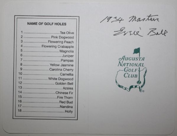 Errie Ball Last Living 1934 Masters Contestant Inscribed Scorecard