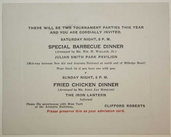 1939 Masters V.I.P. Party Invitation From Clifford Roberts