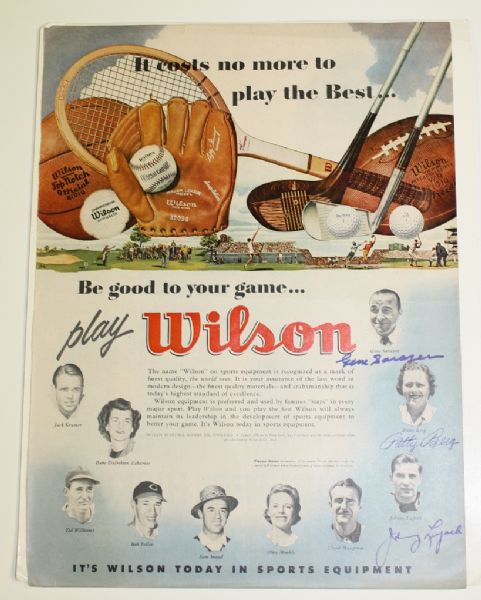 1950s Wilson Advertising Piece signed By Gene Sarazen, Patty Berg, Johnny Lujack PSA Letter